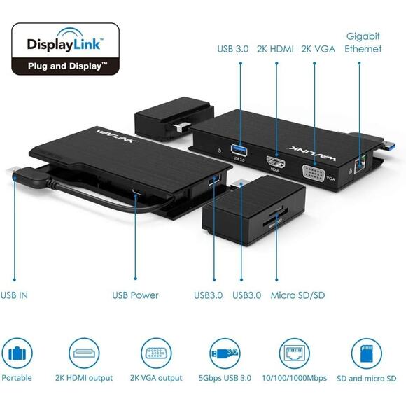 Wavlink Universial USB 3.0 Dual-Head Mini Docking Multi-Display HDMI/VGA - Picture 3 of 6